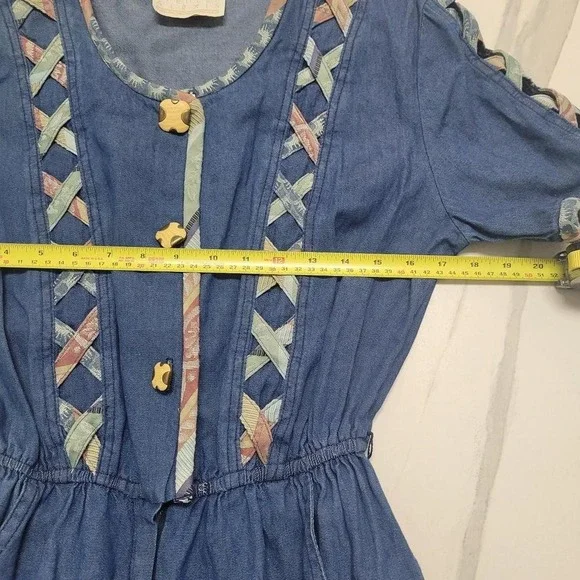 Vintage blue denim cottagecire jumpsuit with quikted details and pockets 90s - Picture 5 of 8